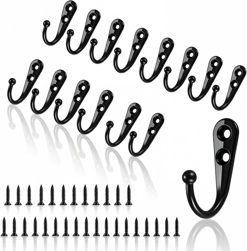 Duomama 15 Pack Black Metal Wall Hooks, Heavy Duty Hanger Rack with Mounting Screws, Multi-Purpose Organizer for Home Kitchen, Bathroom and Entryway - Image 1