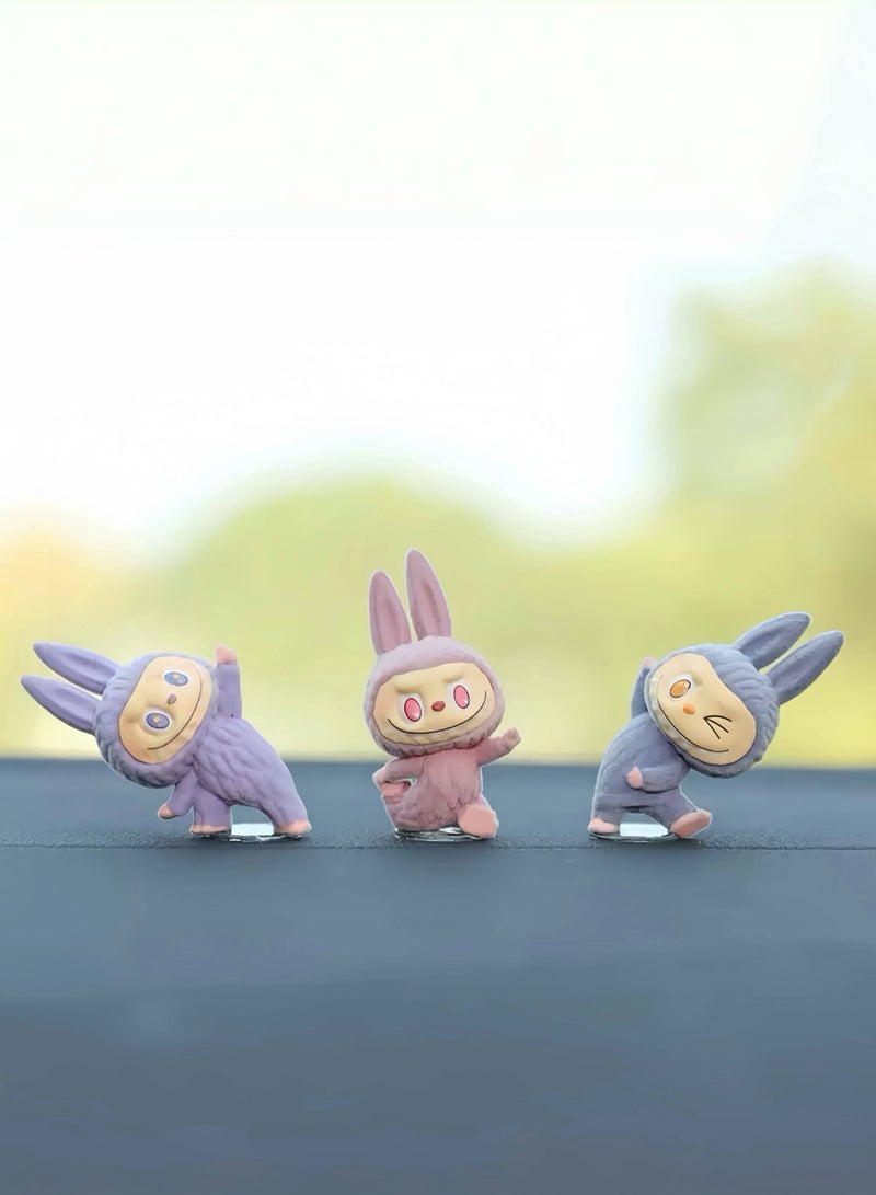 3 Piece Cute Purple Pink and Blue Labubu Car Dashboard Decor – Adorable Gift Ornament for Friends and Loved Ones - Image 1