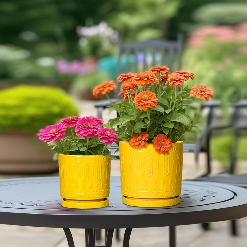 Eightpot 6 Inch Ceramic Planter Pot Plant Pot with Drainage Hole and Saucer, Round Large Flower Pot for Indoor Plants Outdoor Garden Planter Pot, Yellow - Image 5