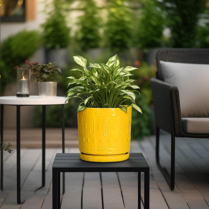 Eightpot 6 Inch Ceramic Planter Pot Plant Pot with Drainage Hole and Saucer, Round Large Flower Pot for Indoor Plants Outdoor Garden Planter Pot, Yellow - Image 4
