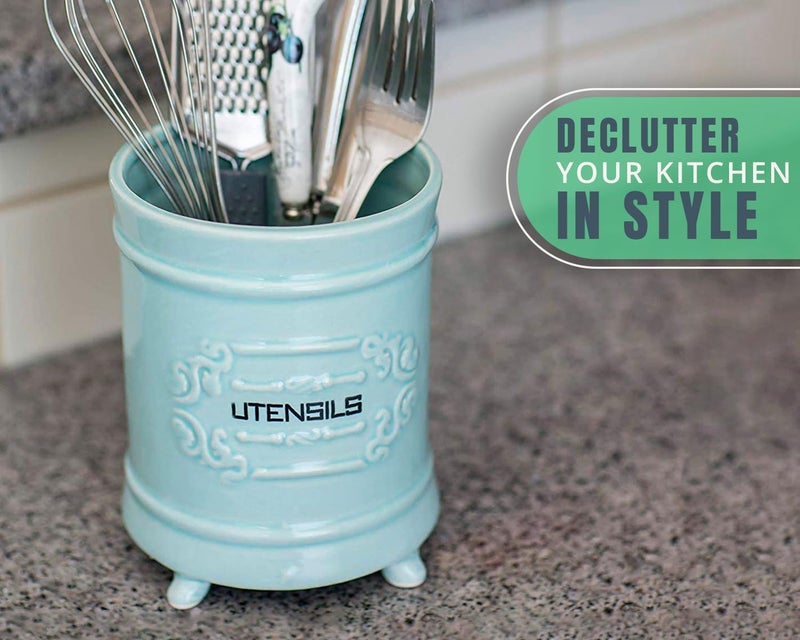 Comfify French Blue Ceramic Utensil Holder - Vintage Style Kitchen Utensil Caddy - Antique Design Cooking Utensil Organizer - Rustic French Country Utensil Crock for Cooking Enthuziast - Image 3