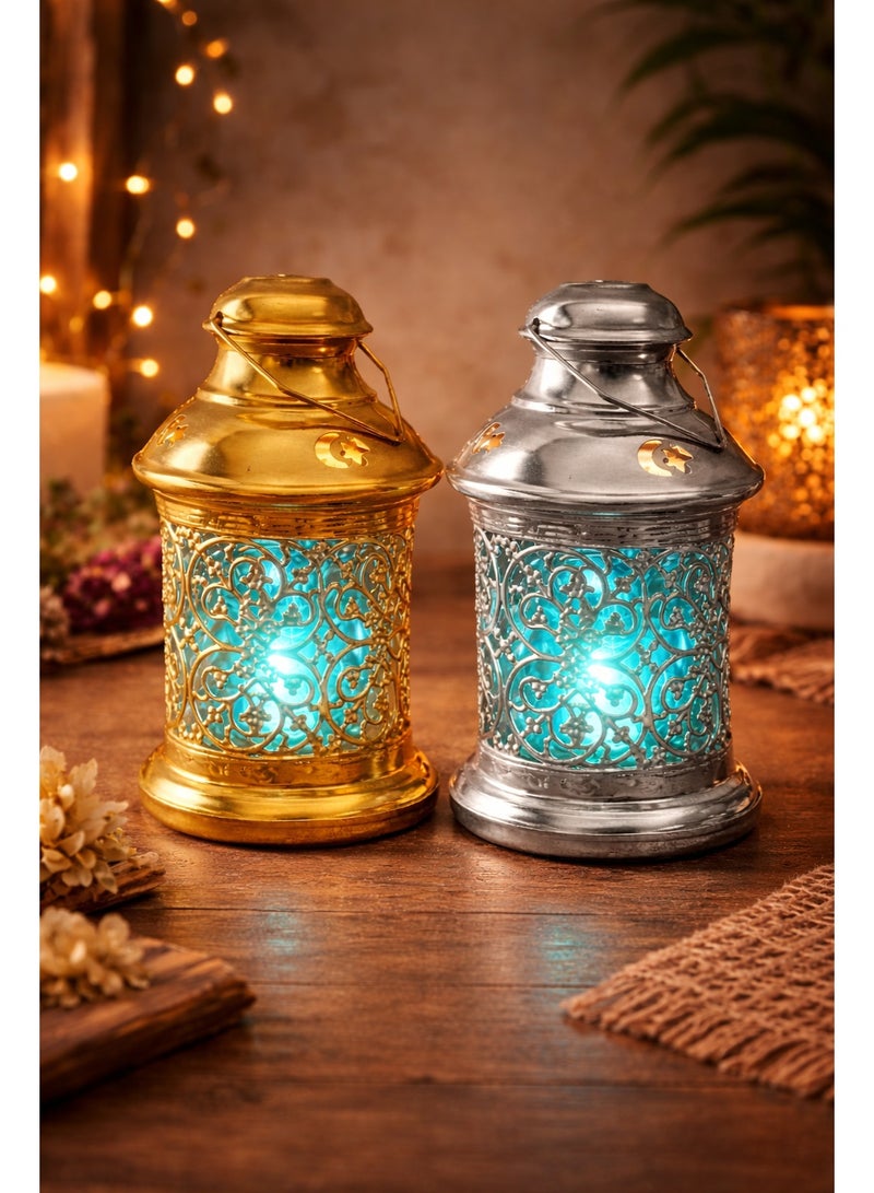 Gold & Silver Metal Decorative Lantern Set 18 × 9 Cm – Suitable For Incense & Led / Wax Candles (2 Pieces) - Image 1
