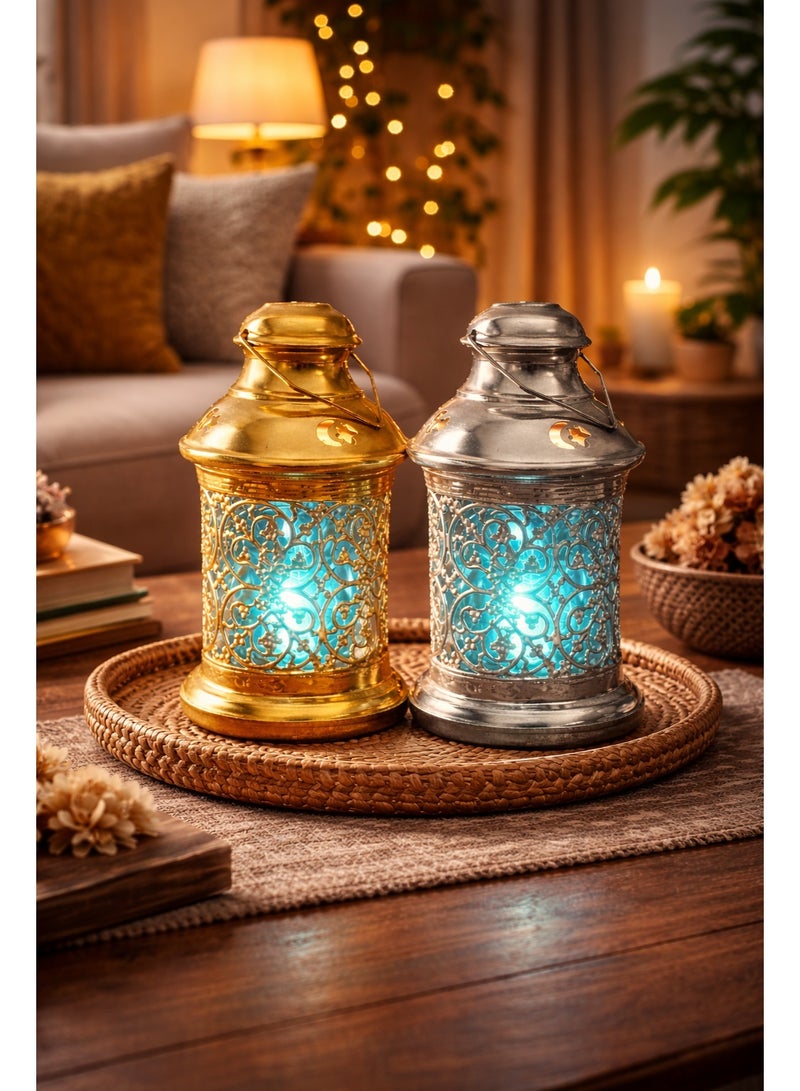 Gold & Silver Metal Decorative Lantern Set 18 × 9 Cm – Suitable For Incense & Led / Wax Candles (2 Pieces) - Image 2