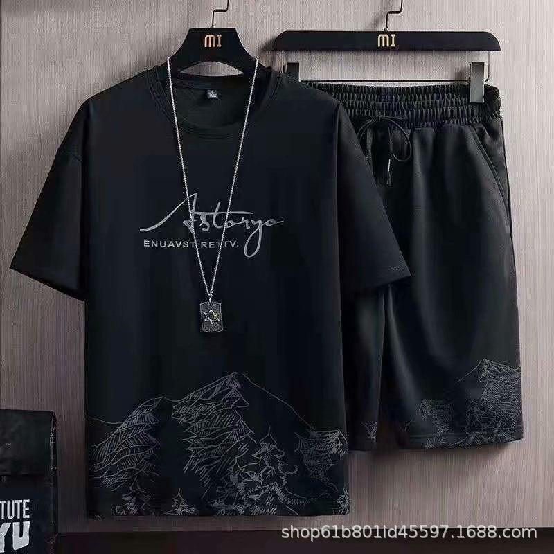 New Summer Casual Suit Mens Thin Quick-drying Short-sleeved T-shirt Youth Home Clothes Sports Shorts Two-piece Set [Short Set] Snow Mountain Black