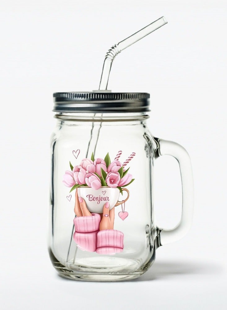 فون بلانيت برطمان للقهوة والعصير والماء بتصميم ورد بغطاء معدني وشفاطة متعدد الألوان