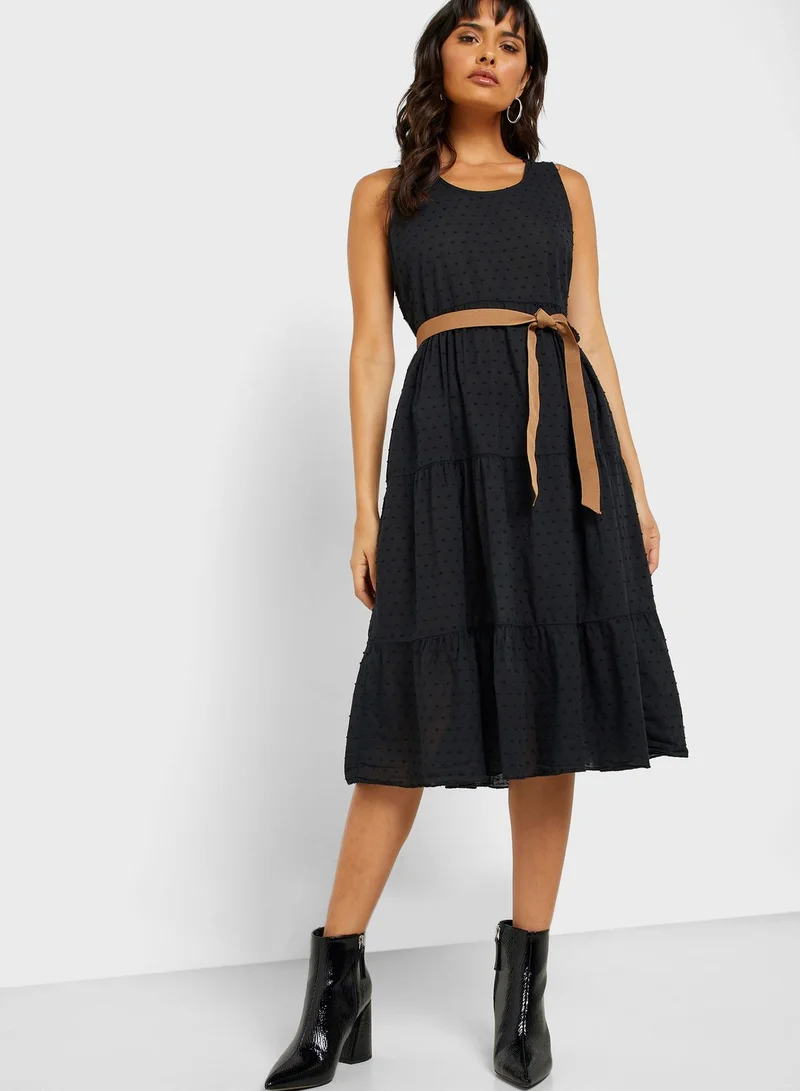 Ginger Clip Dot Self Tie Midi Dress