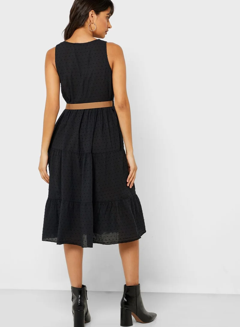 Ginger Clip Dot Self Tie Midi Dress