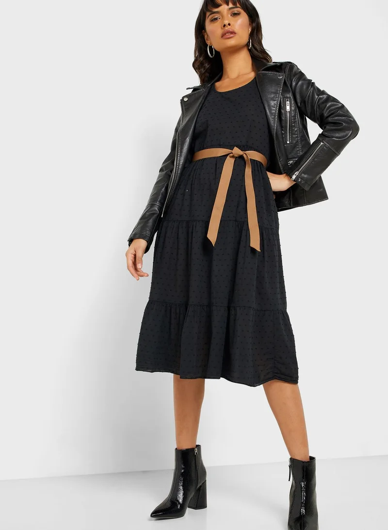 Ginger Clip Dot Self Tie Midi Dress