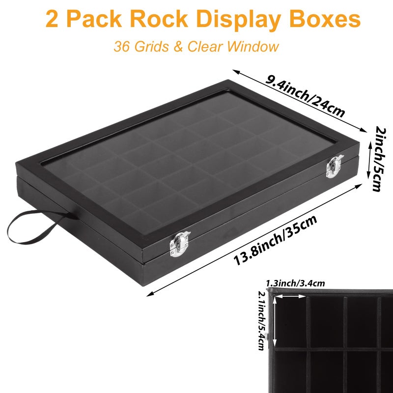 Acrux7 2 Pack Rock Collection Display Case, 36 Grid Rock Display Case, Black PU Leather Rocks Collection Box with Clear Glass Lid and Soft Velvet Grids for Collectibles, Gemstone, Crystal, Small Stone - Image 2