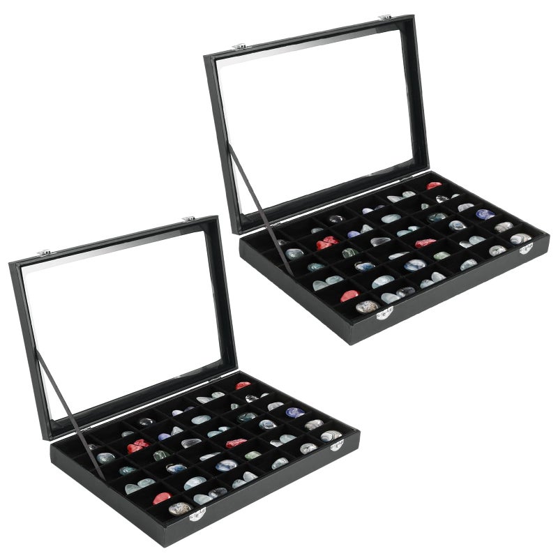 Acrux7 2 Pack Rock Collection Display Case, 36 Grid Rock Display Case, Black PU Leather Rocks Collection Box with Clear Glass Lid and Soft Velvet Grids for Collectibles, Gemstone, Crystal, Small Stone - Image 1