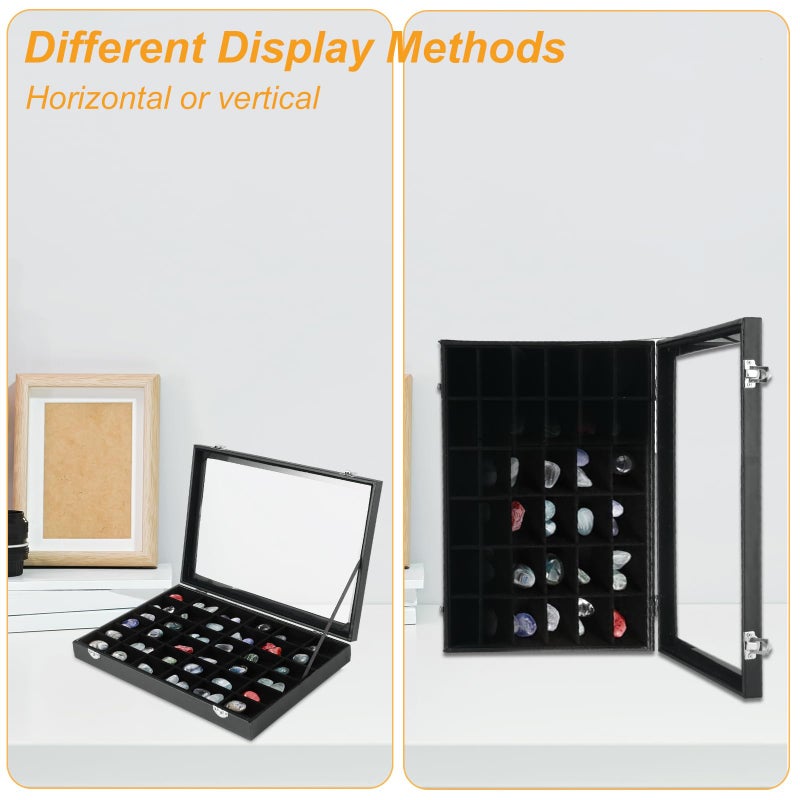 Acrux7 2 Pack Rock Collection Display Case, 36 Grid Rock Display Case, Black PU Leather Rocks Collection Box with Clear Glass Lid and Soft Velvet Grids for Collectibles, Gemstone, Crystal, Small Stone - Image 5