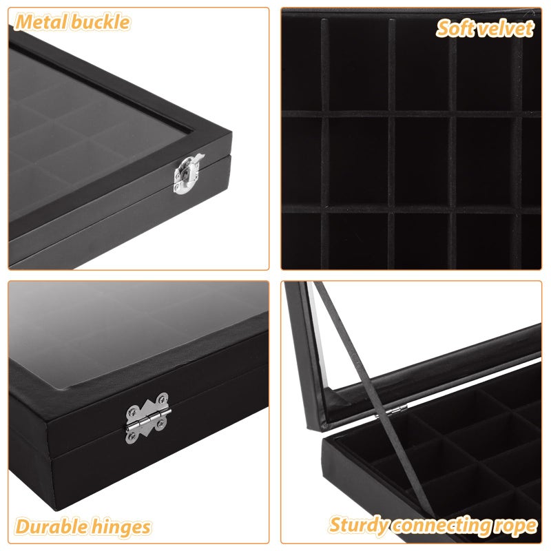 Acrux7 2 Pack Rock Collection Display Case, 36 Grid Rock Display Case, Black PU Leather Rocks Collection Box with Clear Glass Lid and Soft Velvet Grids for Collectibles, Gemstone, Crystal, Small Stone - Image 4