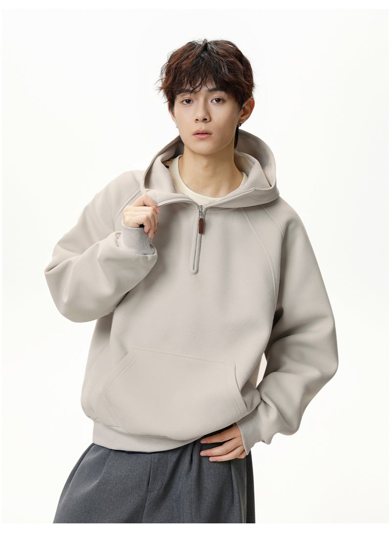 NIBEMINENT Split Half-Zip Hoodie For Men Autumn And Winter Thickened Half-Turtle Neck Raglan Solid Color Long Sleeve Hoodie Jacket - Image 3