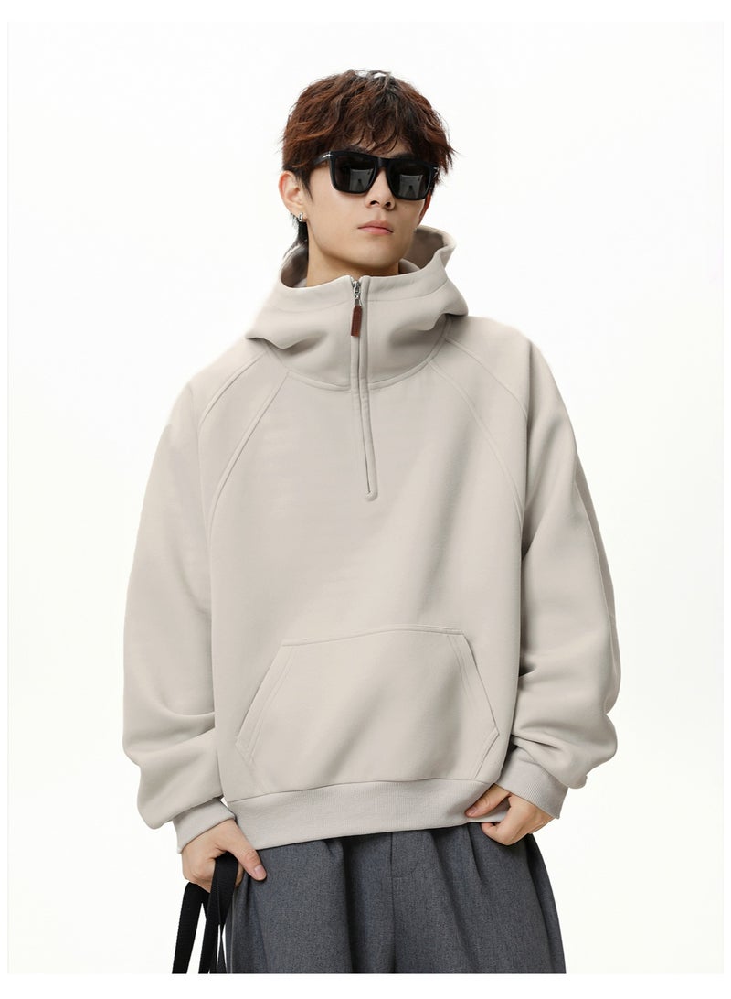 NIBEMINENT Split Half-Zip Hoodie For Men Autumn And Winter Thickened Half-Turtle Neck Raglan Solid Color Long Sleeve Hoodie Jacket - Image 2