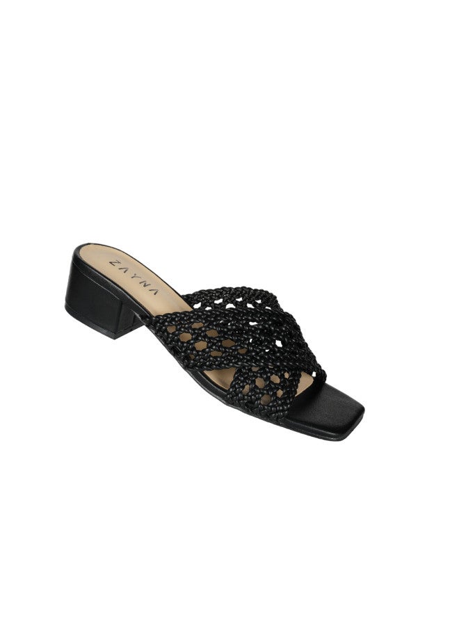 ZAYNA زينيا حذاء نسائي بكعب متوسط سهل الارتداء أسود - Image 1