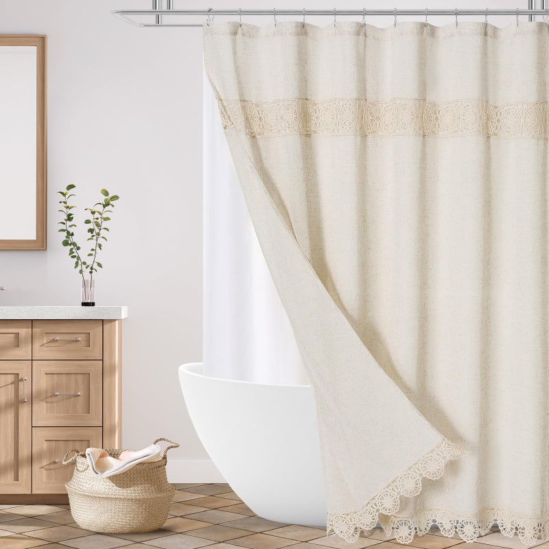 Gibelle Boho Farmhouse Shower Curtain Set, Linen Cotton Fabric Shower Curtain with Macrame Lace Decor, Modern Bohemian French Country Chic Bathroom Curtain with PEVA Liner 72x72 - Beige/Cream - Image 1