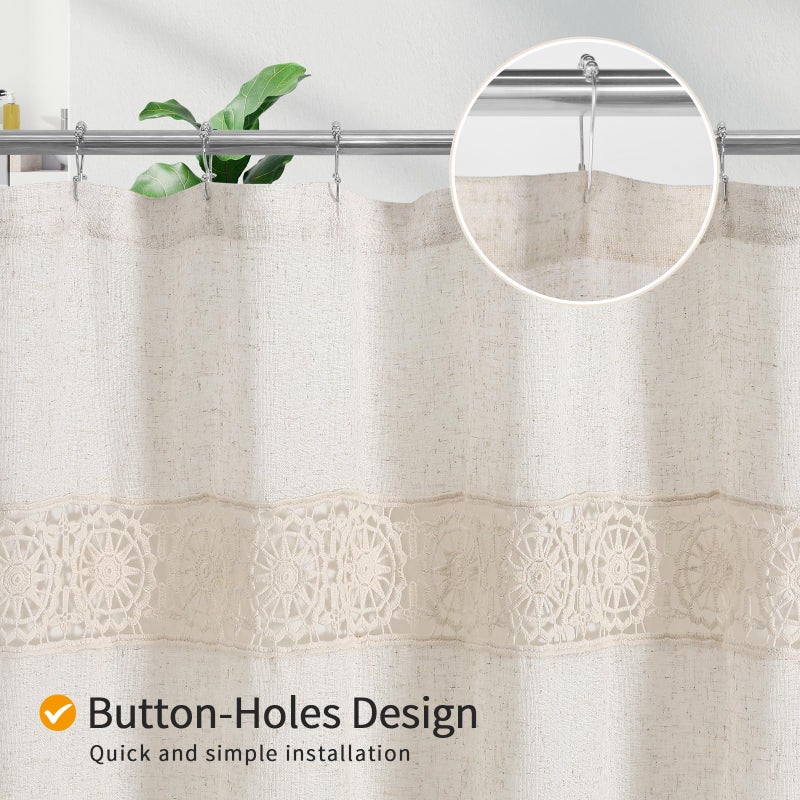 Gibelle Boho Farmhouse Shower Curtain Set, Linen Cotton Fabric Shower Curtain with Macrame Lace Decor, Modern Bohemian French Country Chic Bathroom Curtain with PEVA Liner 72x72 - Beige/Cream - Image 5