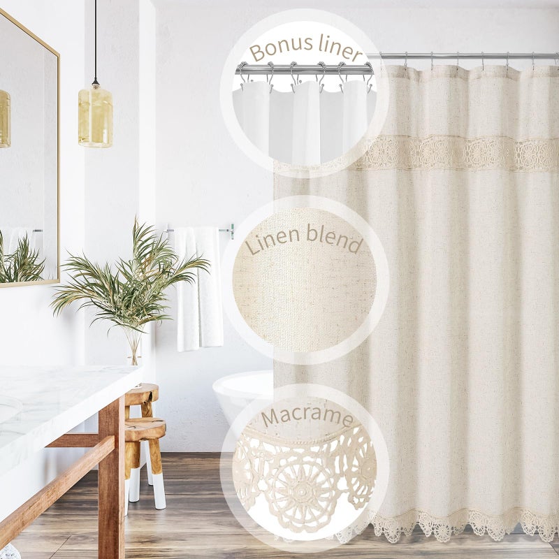 Gibelle Boho Farmhouse Shower Curtain Set, Linen Cotton Fabric Shower Curtain with Macrame Lace Decor, Modern Bohemian French Country Chic Bathroom Curtain with PEVA Liner 72x72 - Beige/Cream - Image 2