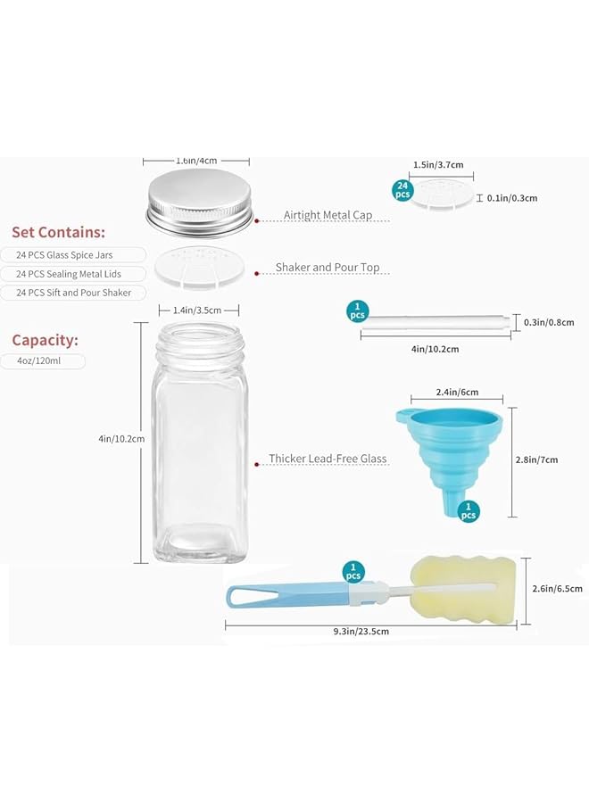 مونوبتيلون مجموعة من 24 قطعة من برطمانات التوابل الزجاجية مع ملصقات، وعاء توابل سعة 120 مل مع غطاء معدني وفلتر صب، وقلم تحديد/فرشاة/قمع سيليكون قابل للطي - Image 2