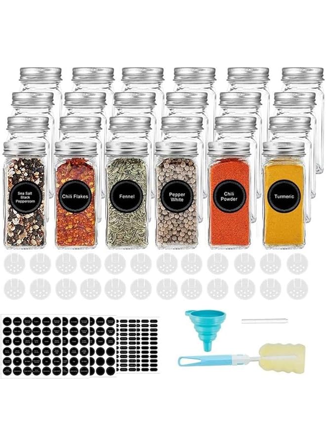 مونوبتيلون مجموعة من 24 قطعة من برطمانات التوابل الزجاجية مع ملصقات، وعاء توابل سعة 120 مل مع غطاء معدني وفلتر صب، وقلم تحديد/فرشاة/قمع سيليكون قابل للطي - Image 1