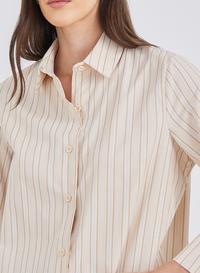 Styli Beige Striped Spread Collar Relaxed Fit Shirt - Image 4