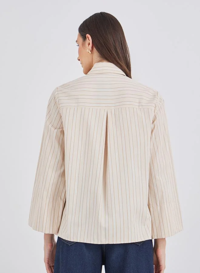 Styli Styli Beige Striped Spread Collar Relaxed Fit Shirt
