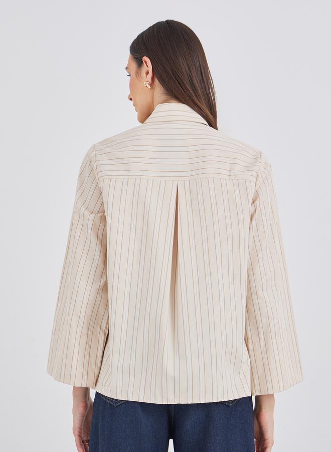 Styli Beige Striped Spread Collar Relaxed Fit Shirt - Image 5