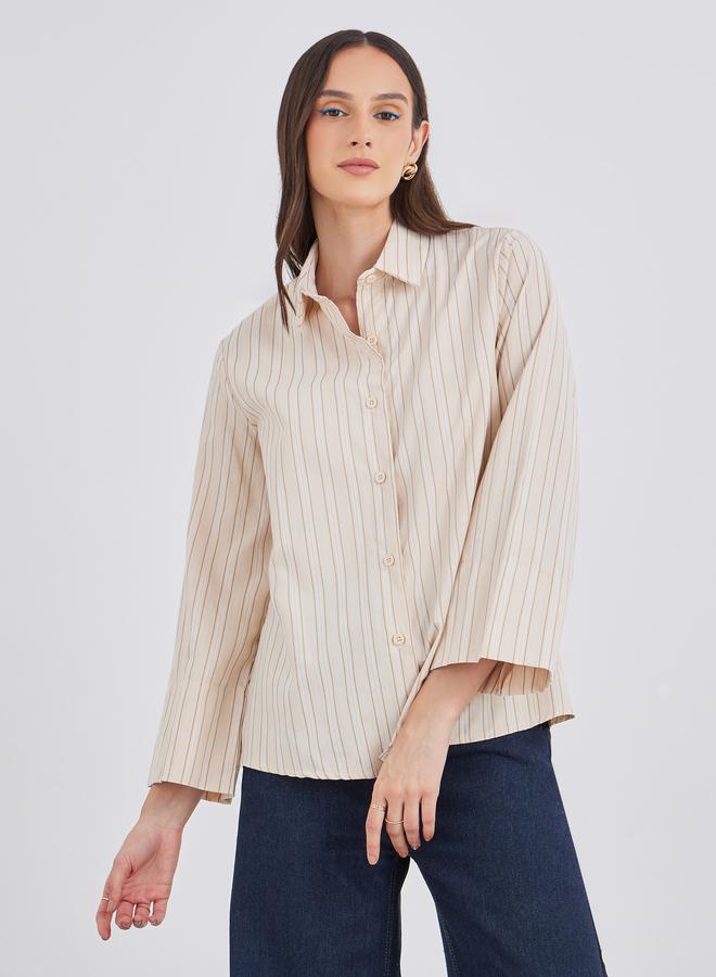 Styli Beige Striped Spread Collar Relaxed Fit Shirt - Image 2