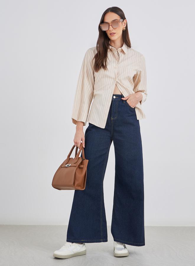 Styli Beige Striped Spread Collar Relaxed Fit Shirt - Image 3