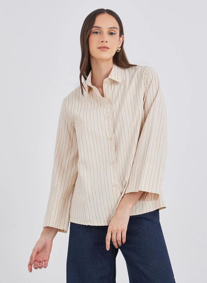 Beige Striped Spread Collar Relaxed Fit Shirt