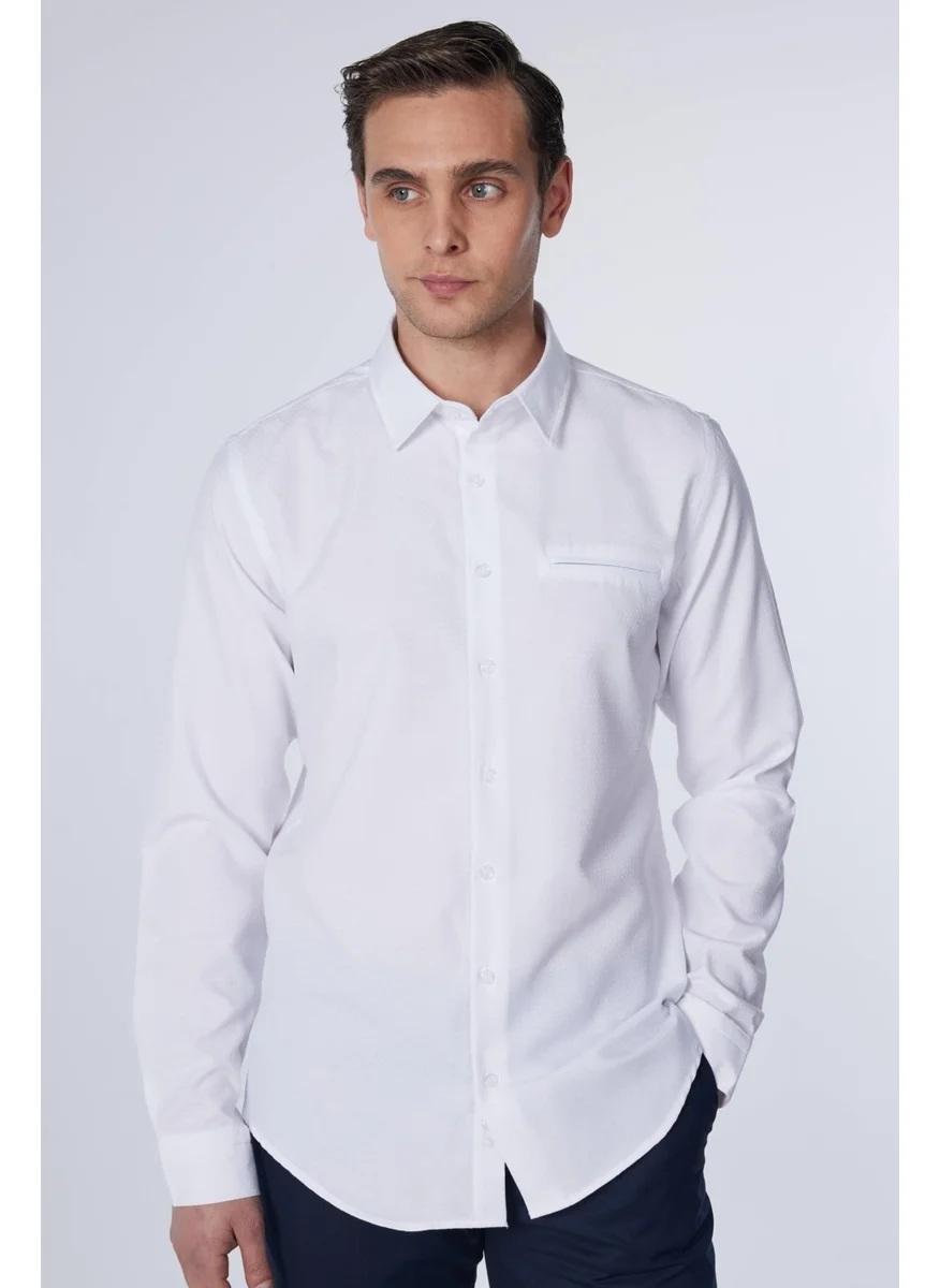 تودورس Men's Slim Fit Slim Fit Long Sleeve Cotton Dobby Single Pocket White Shirt