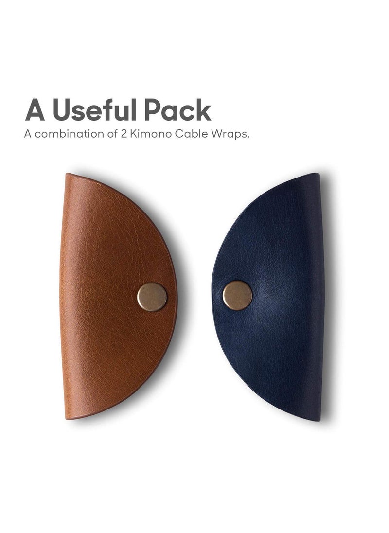 DailyObjects - DailyObjects Kimono Cable Wrap for Cables/Chords/Wires | Wire Winder, Headphones Holder, Mini Clip Organiser | Made, Dry-Milled Leather | (Blue and Brown) - Set of 2 - Image 1