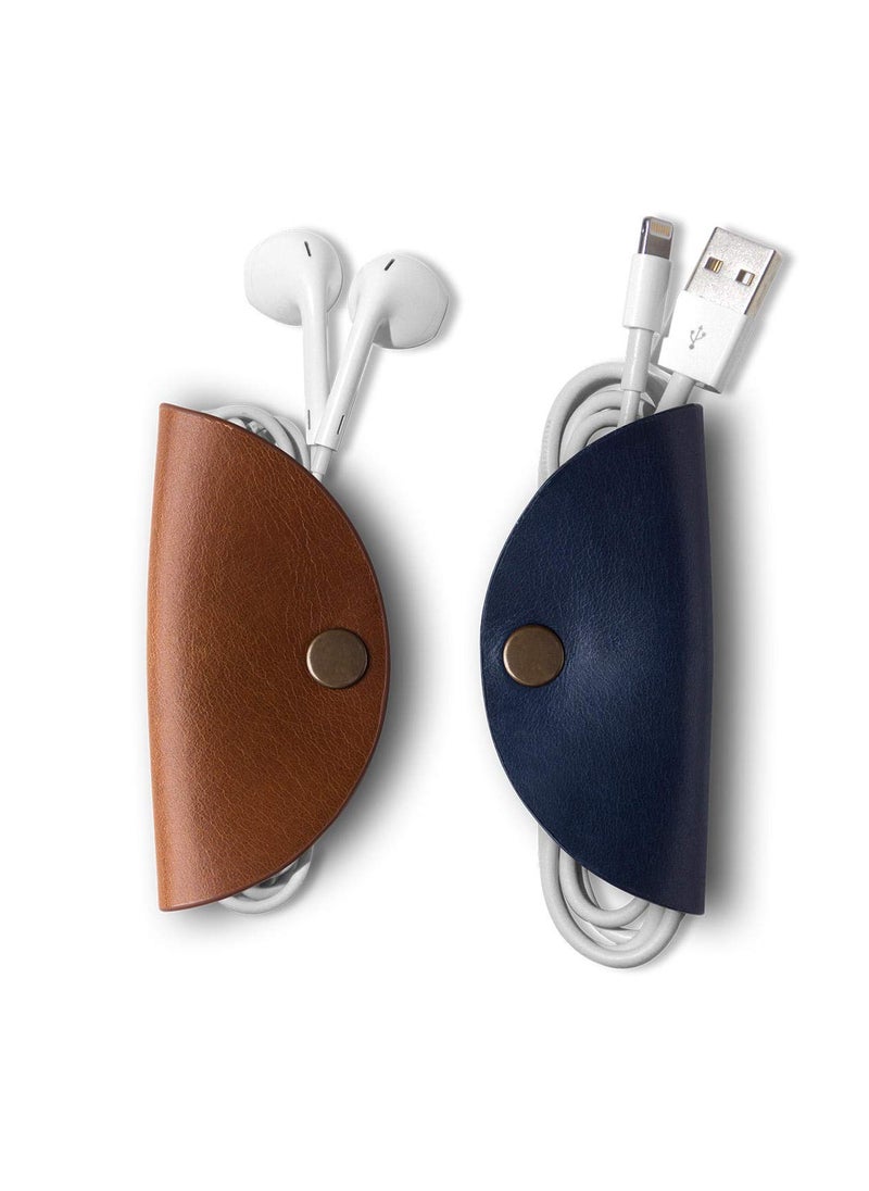 DailyObjects - DailyObjects Kimono Cable Wrap for Cables/Chords/Wires | Wire Winder, Headphones Holder, Mini Clip Organiser | Made, Dry-Milled Leather | (Blue and Brown) - Set of 2 - Image 1