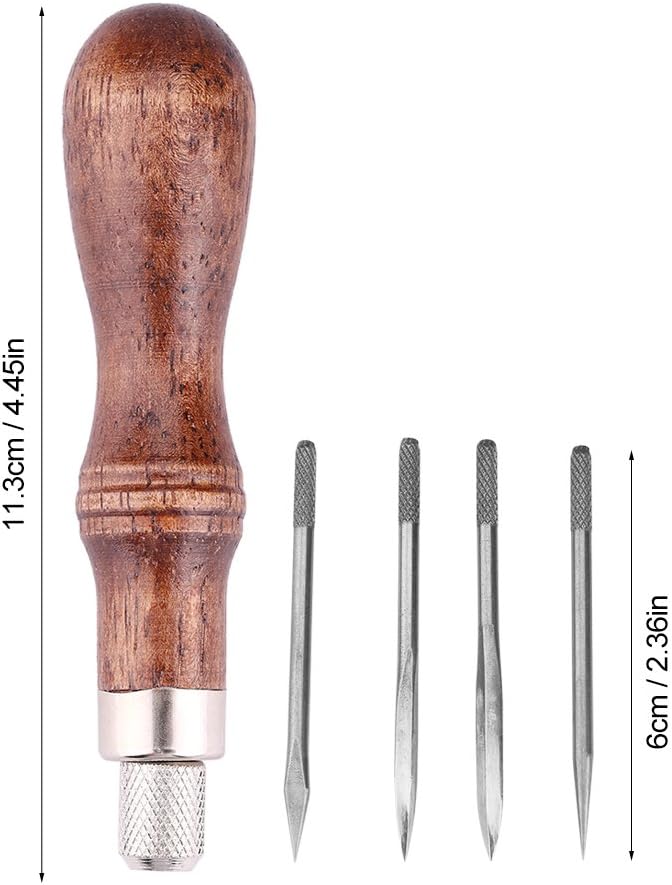 klarako Leather Sewing Awl, Stitching Awl with Wooden Handle Handmade Sewing Tools with 4 Awl Heads DIY Leathercraft Hole Punch Tool Supplies for leather craft beginners amateurs - Image 2