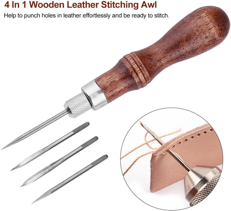klarako Leather Sewing Awl, Stitching Awl with Wooden Handle Handmade Sewing Tools with 4 Awl Heads DIY Leathercraft Hole Punch Tool Supplies for leather craft beginners amateurs - Image 1