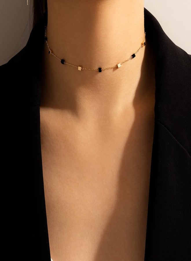 FUTIMELY Bohemia Green Beaded Beads Choker Necklace for Women,Simple Fresh Green Beaded Square Round Bead Choker Necklace Fashion Jewelry (Gold+Black Gold Square) - Image 4