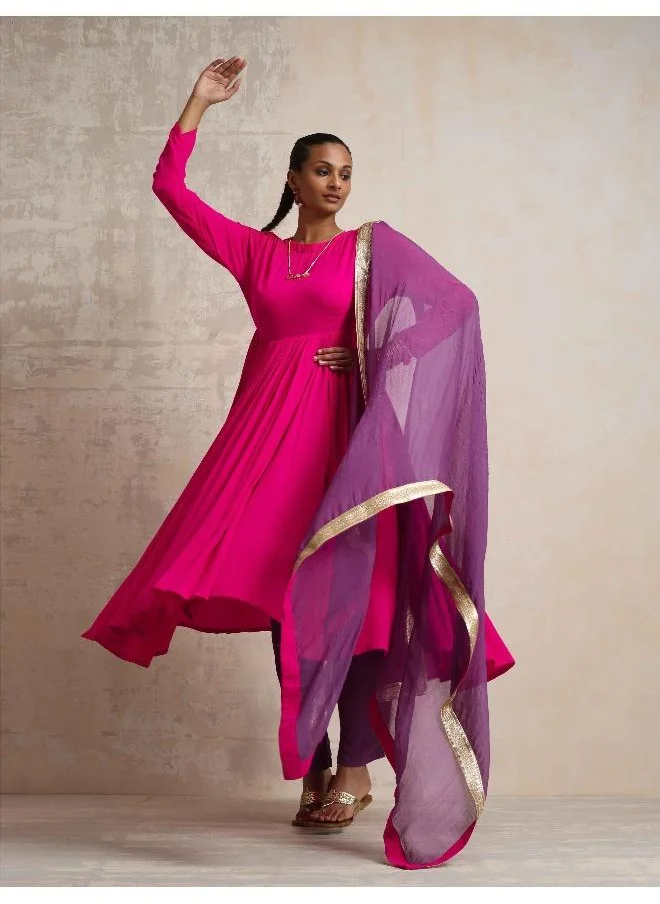 ترو برونز trueBrowns Pink Crinkle Anarkali Kurta Pant Dupatta Set