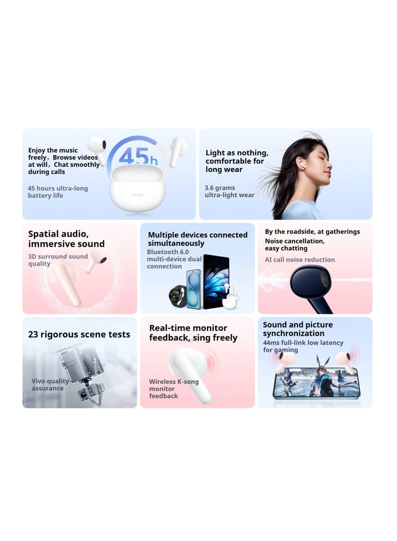 فيفو سماعات لاسلكية - موديل vivo TWS Air3 - بطارية 45 ساعة، 3.6 جرام خفيفة، درايفر 12 مم، تقليل ضوضاء AI، تأخير 44 مللي ثانية، IP54، اتصال مزدوج - Image 3