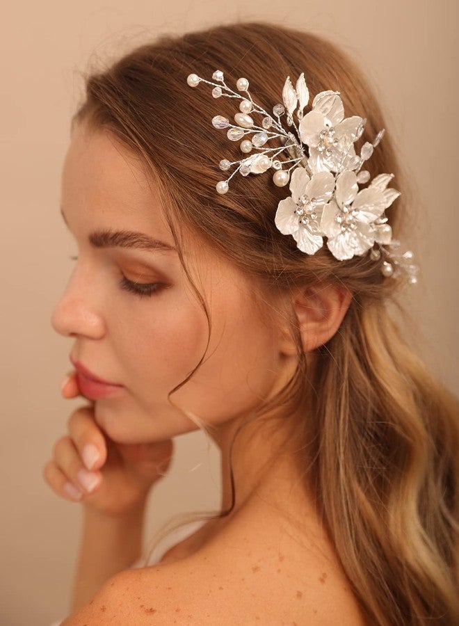 BERYUAN White Flower Hair Clip for Women Flower Rhinestone Wedding Hair Accessory（Silver） - Image 2