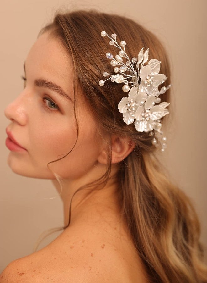 BERYUAN White Flower Hair Clip for Women Flower Rhinestone Wedding Hair Accessory（Silver） - Image 3