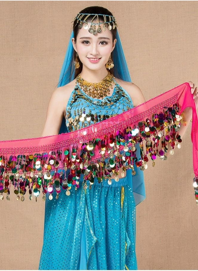 Loquat - Colorful Sequin And Coins Pendant Waist Chain Skirt Sparkly Belly Dance Tassel Waist Wrap Belt Skirts Party Rave Costume Rose Pink Mix - Image 1