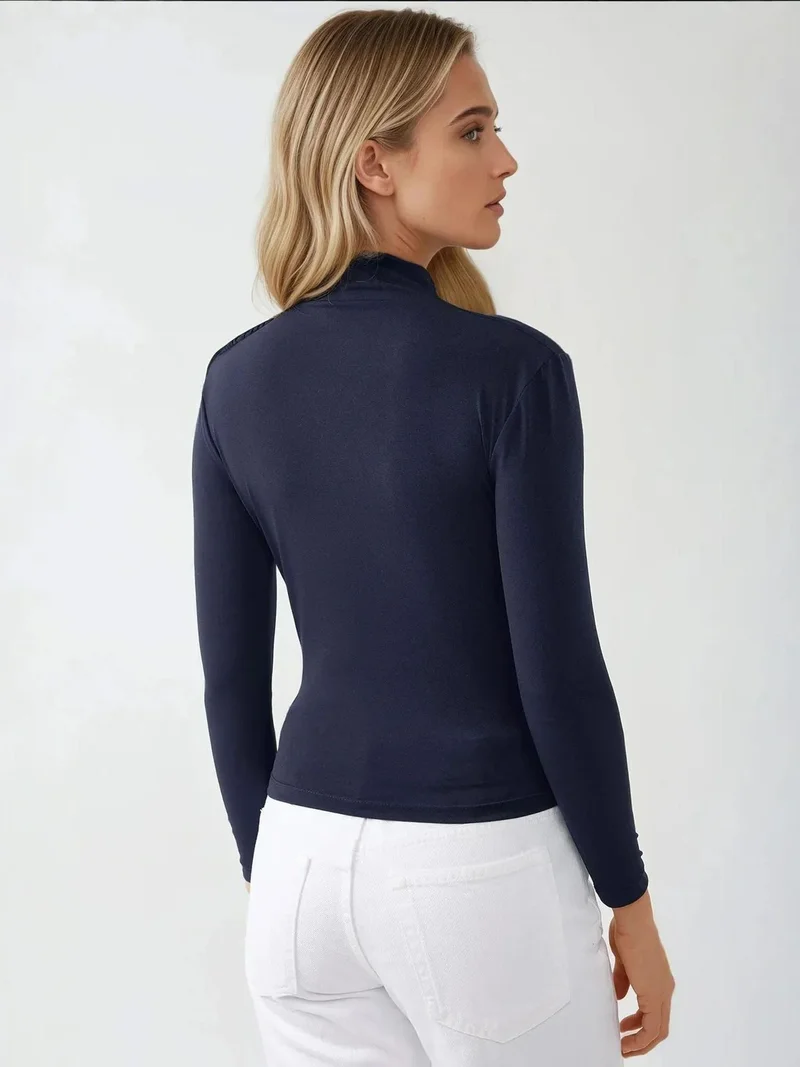 Hiccup Navy Blue High Collar Drape Detail Blouse for Women | Best Price UAE