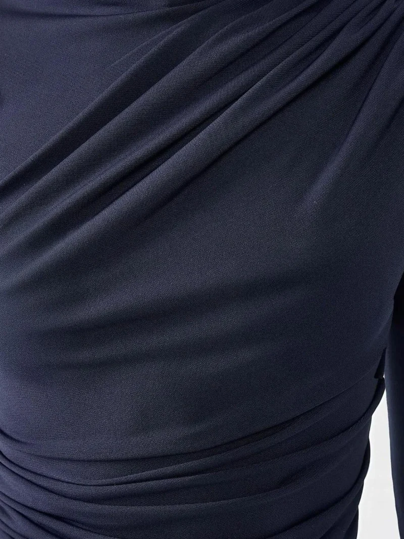 Hiccup Navy Blue High Collar Drape Detail Blouse for Women | Best Price UAE