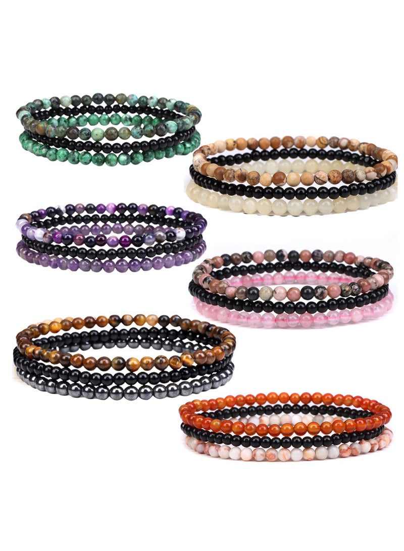 6 PCS 4mm Mini Semi - Precious Gemstones, Beaded Bracelets for Women Men Healing Stone Bracelet Crystal, Beaded Bracelet Adjustable Elastic Stretch Bracelet Unisex Jewelry Gifts