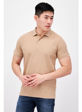 Men Regular Fit Textured Short Sleeves Polo Shirt, Tan