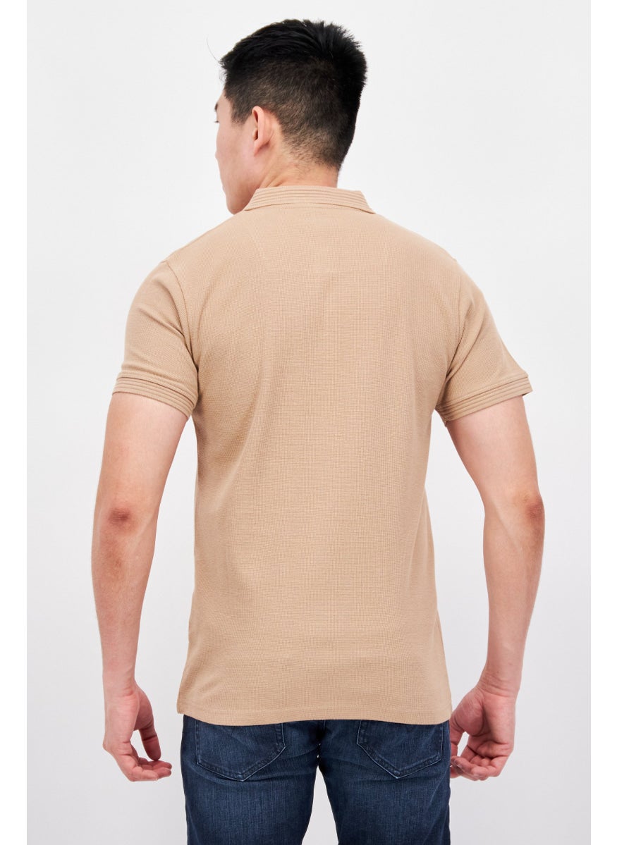 Thredup - Men Regular Fit Textured Short Sleeves Polo Shirt, Tan - Image 1