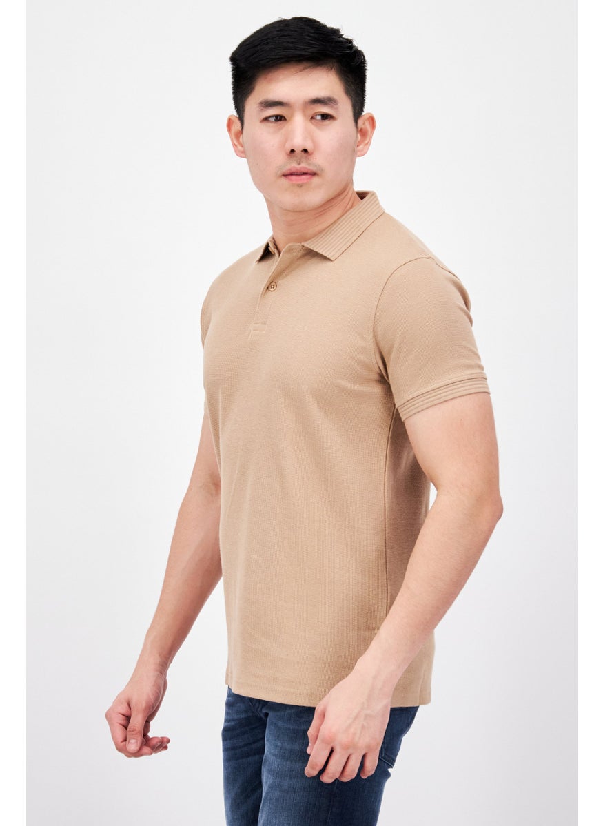 Thredup - Men Regular Fit Textured Short Sleeves Polo Shirt, Tan - Image 1