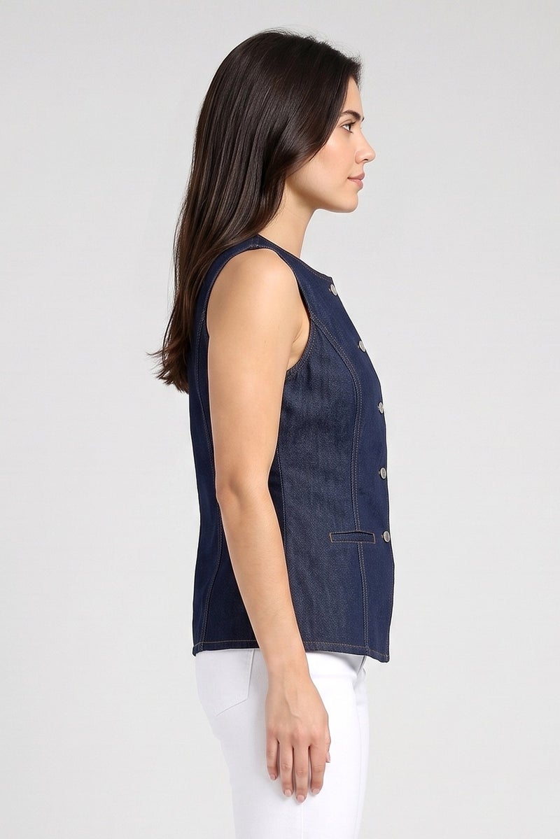 Threadbare Women Round Neck Sleeveless Washed Denim Top, Navy - Image 3