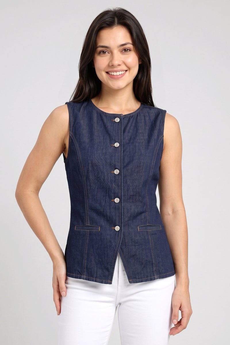 Threadbare Women Round Neck Sleeveless Washed Denim Top, Navy - Image 1