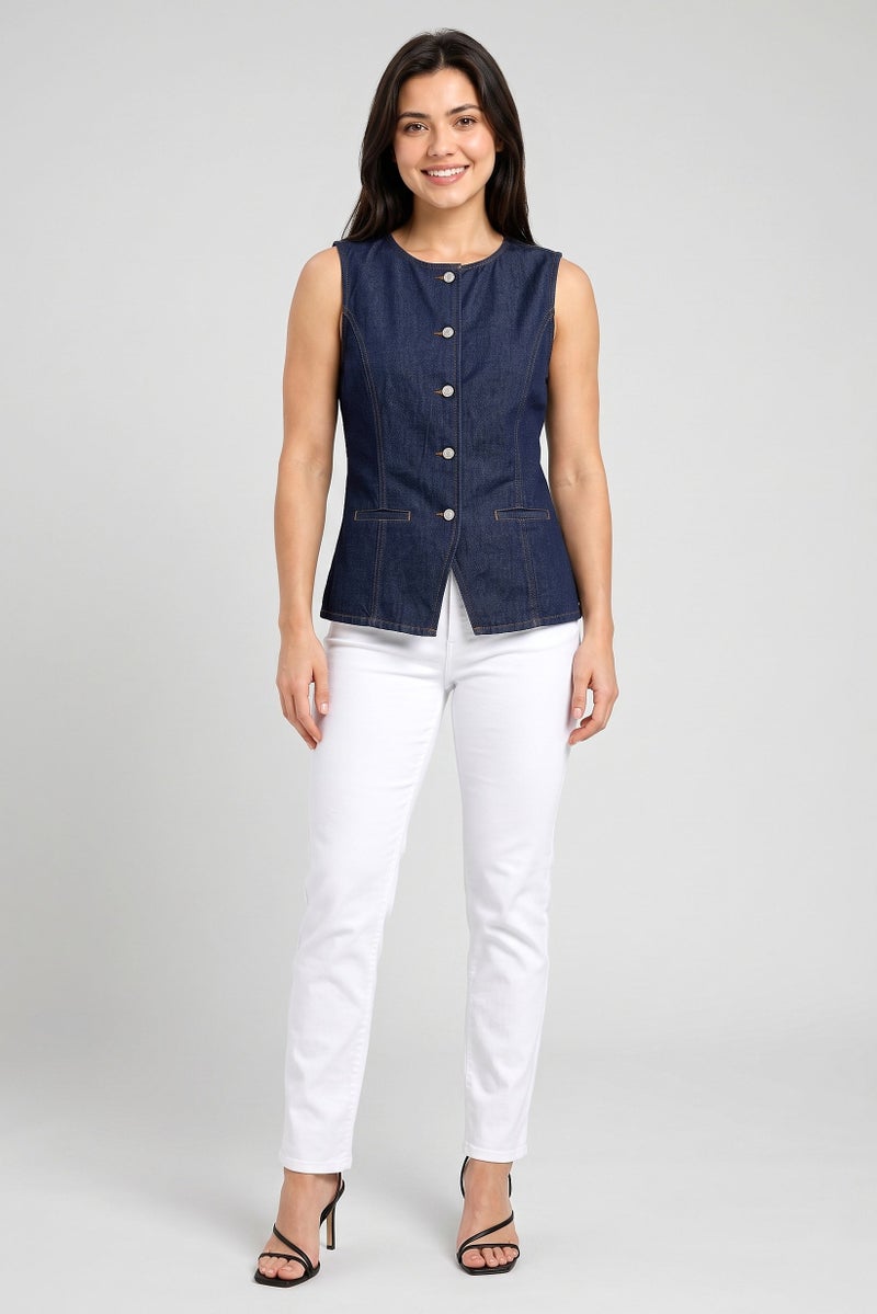 Threadbare Women Round Neck Sleeveless Washed Denim Top, Navy - Image 2
